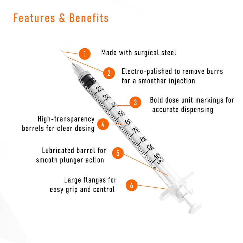 100pack 1cc Syringes with 32G 1/4 Inch-6mm U-100 Accurate Measuring for Liquid Individually Sealed Packaging 1ml-32g-6mm-100pcs