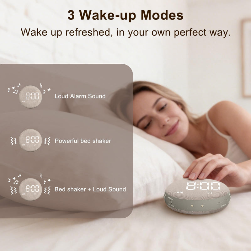 SolaceRise Super Loud Alarm Clock for Heavy Sleepers: Vibrating Digital Auto-Dim Clock with Bed Shaker for Hearing Impaired - Portable Rechargeable Battery for Bedroom Travel Dorm - Putty