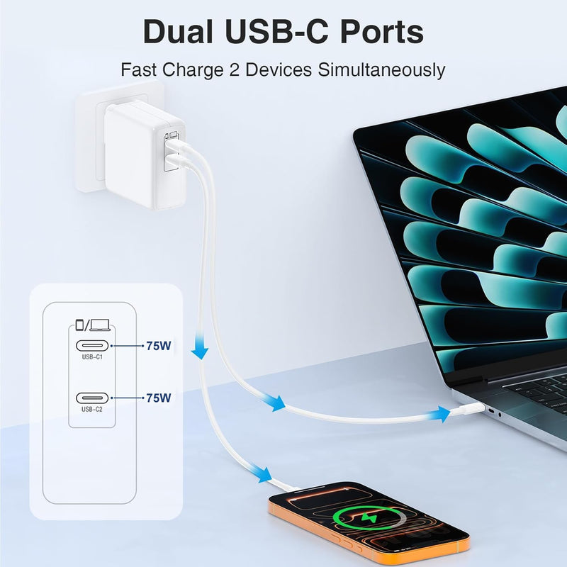 USB C MacBook Charger for MacBook Pro/MacBook Air 16 15 14 13 Inch 2025 2024 2023 2022 2021 2020 2019 M5 M4 M3 M2 M1,2Pack 75W USBC Laptop Power Adapter with 3+6+6+10ft USBC Cable for iPhone 17/16/15 White 3/6/6/10ft