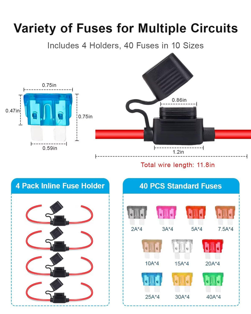 Inline Fuse Holder 12V/24V Waterproof, 4 Pack Heavy Duty 12AWG Automotive Blade Fuse Block for Car Truck Marine Boat RV, Complete Kit with 40pcs ATC/ATO Fuses
