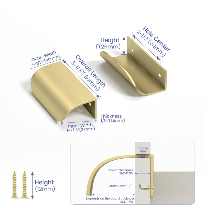 Peaha 20 Pack 2-1/2 Inch Gold Cabinet Handles Drawer Pulls Gold Kitchen Cabinet Handles Finger Pulls for Cabinets Edge Pull Flat Drawer Handle Kitchen Hardware Edge 2-1/2in(64mm) Hole Center
