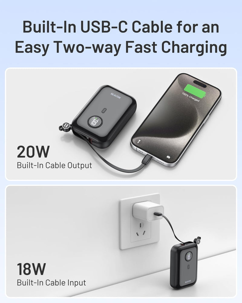 BLAVOR Portable Charger 10000mAh PD 20W Power Bank for iPhone, USB C in/Output Fast Charging,Smallest Battery Pack Charger with Built in Cable for iPhone 15 14 13 12 11 SE