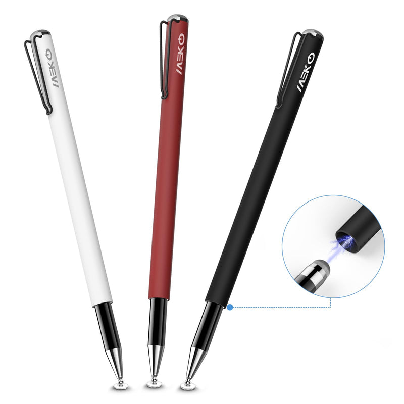 MEKO Stylus Pens for Touchscreens, 2 in 1 Capacitive Stylus | 3 Pack Thin Rubber Tip, High Sensitivity, Compatible with iPad iPhone Android All Touchscreen Devices red/white/black
