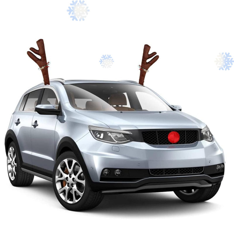 Car Christmas Decoration, Car Reindeer Antlers and Nose Set, Brown Christmas Reindeer Car Costume Christmas Antlers for Truck SUV Car Decor,Xmas Gift Set