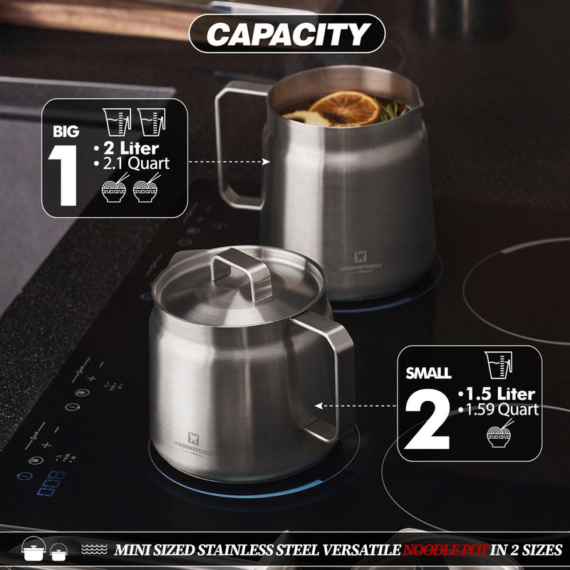 WAGENSTEIGER Stainless Steel Classic Tea Kettle 2.1 Quarts / 2 Liters, Multi-purpose Cooking Pot, Mini Milk Pan, Butter Warmer, On-the-go Saucepan, Ramen Pot, Stovetop Metal Tea/Coffee Pot (606)