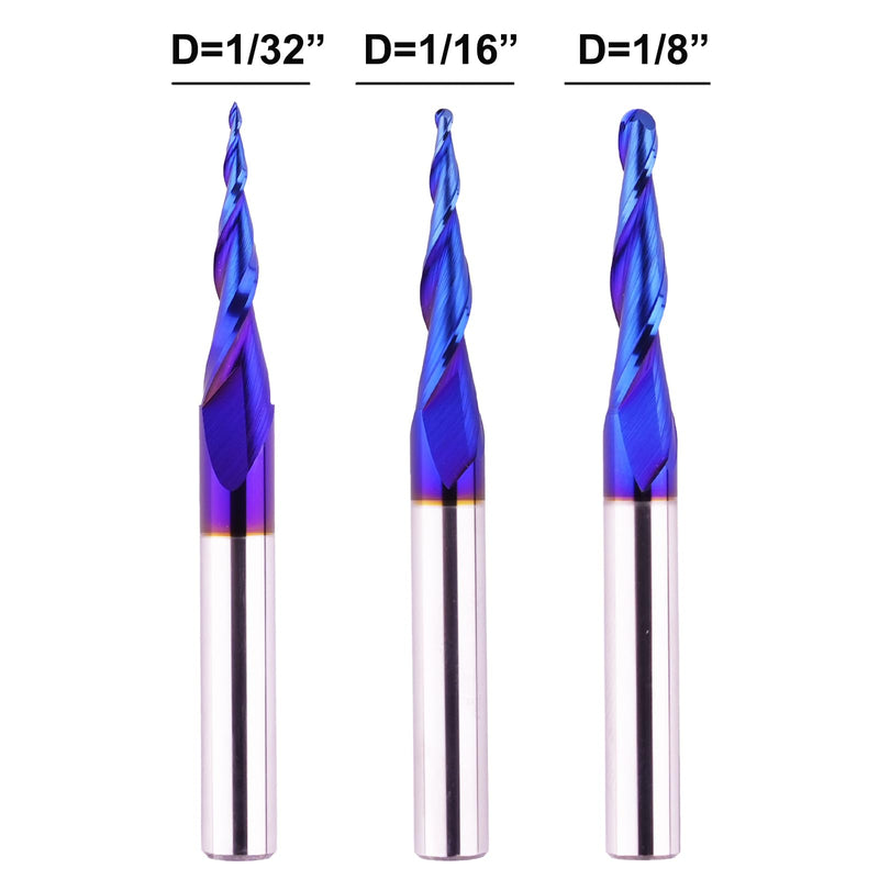 3 PCS CNC Router Bits 1/4" Shank 2D&3D Carving Tapered Angle Ball Nose Solid Carbide Spiral End Mill for Wood Carving Engraving 3 PCS Set