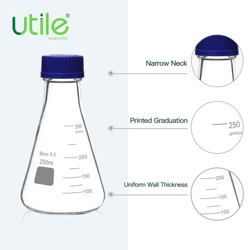 Utile 4 Pcs 250ml Glass Erlenmeyer Flask with Blue Cap, Narrow Mouth Erlenmeyer Flasks, Borosilicate 3.3 Glass Conical Flask for Lab Experiment Chemistry Science,4016.0752.4 4 Pcs of 250ml