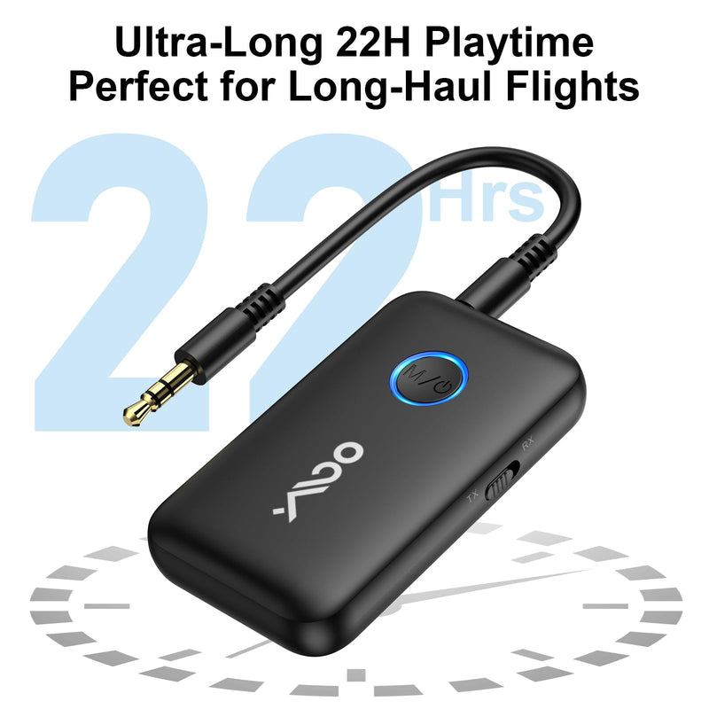 YMOO Airplane Bluetooth Adapter for AirPods, Bluetooth Transmitter Receiver | for TV, with aptX Adaptive & Low Latency, 3.5mm Aux Wireless Audio Adapter for 2 Headphones, Airplane Travel Essentials Black