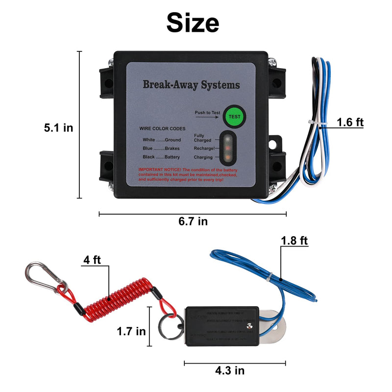 12V Trailer Breakaway Kit with LED Test Light - Electric Break Away System, Universal Waterproof Trailer Brake Controller for Vehicles (Battery Not Included)