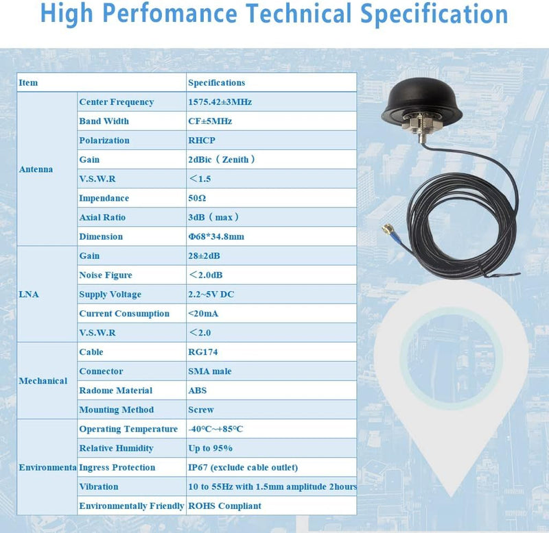 Professional GPS Active Semisphere Antenna, M20 Screw Mount, SMA Male, 1575.42MHz