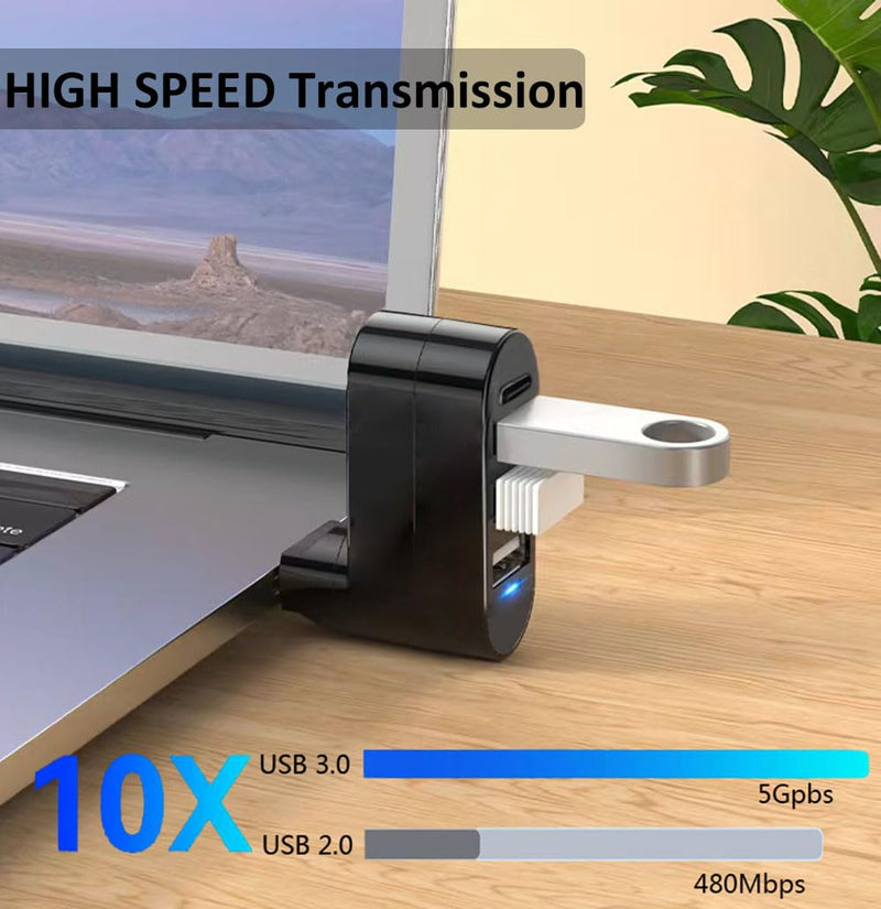 USB 3.0 Hub [90°/180° Degree Rotatable], 4-Port USB Splitter Extender with 3 USB Ports & 1 USB C Power/Data Port, USB Hub for Laptop, Car, MacBook Pro/Air/Pro USB Hub 4-Ports