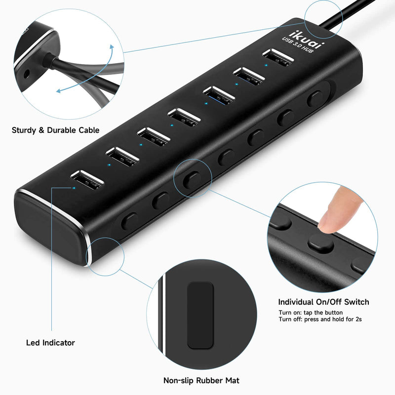 Powered USB 3.0 /USB C Hub, ikuai Aluminium 7-Port USB Hub Splitter with AC Adapter LED Individual On/Off Switches and 3.3ft Extended Long Cable for Laptop, Mac, PC, Flash Drive, Mobile HDD