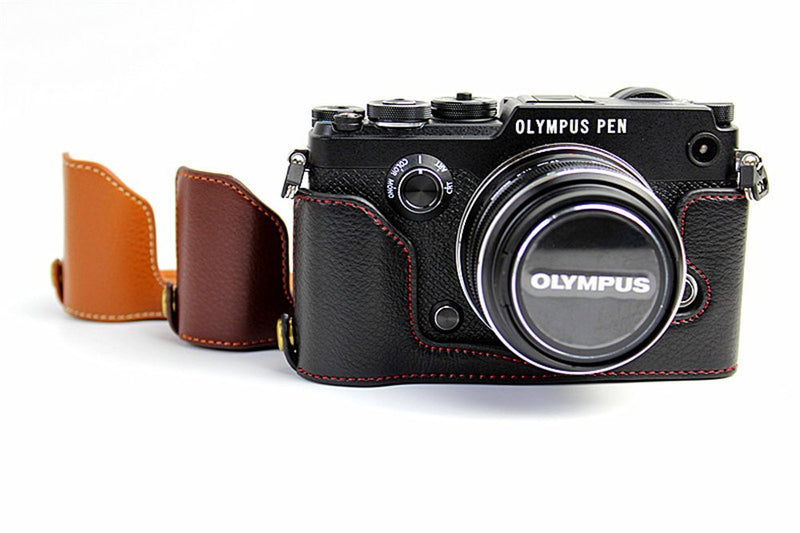 PEN-F Case, BolinUS Handmade Genuine Real Leather Half Camera Case Bag Cover for Olympus PEN-F Bottom Opening Version + Hand Strap - Black
