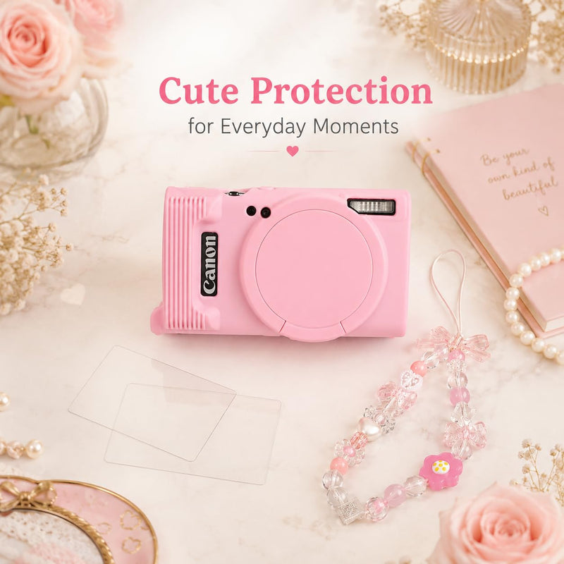 Case for Canon PowerShot ELPH 360 with 2-Pack Screen Protector | Removable Lens Cap Silicone Protective Cover with Cute Charm Wrist Strap for Canon ELPH 360 HS/IXY 650 - Pink Canon PowerShot ELPH 360/IXY 650