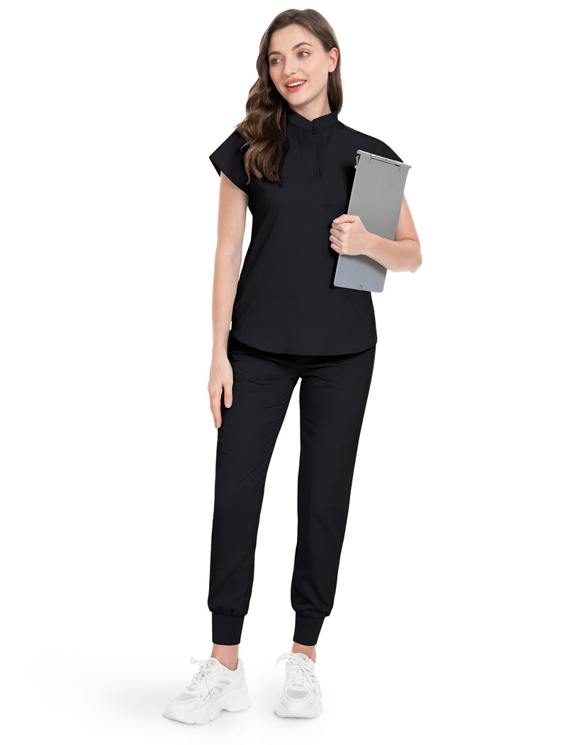 niaahinn Scrubs Set for Women Nurse Uniform Jogger Suit Stretch Top & Pants with Multi Pocket for Nurse Esthetician Workwear Medium Black