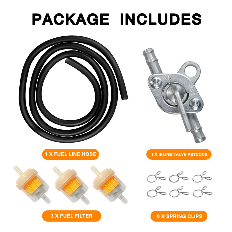Gas Fuel Line Hose Clamps Fuel Filters with Inline Shut Off Valve Petcock Set for 50cc 70cc 90cc 110cc 125cc 150cc Taotao Coolster Apollo Baja ATV Four Wheeler Dirt Pit Bike (BLACK) Black