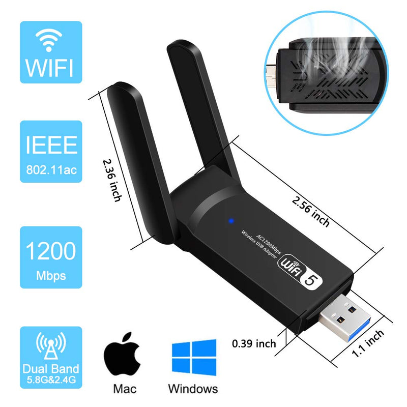 USB WiFi Adapter, 1200Mbps USB3.0 Wireless Network Adapters for PC Dual Band 5G/2.4G WiFi Dongle with 5dBi Antennas for Desktop Computer/Laptop, Supports Windows 11/10/8, Mac OS 10.9~10.15,OS 11.0+