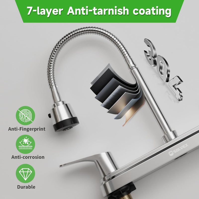 SOLVEX 2 Handle Kitchen Faucet，8 Inch High Arch 360 Swivel Stainless Steel Kitchen Sink Faucet，Modern Chrome 3 Hole Kitchen Faucets with Flexible Spout,SP-80013
