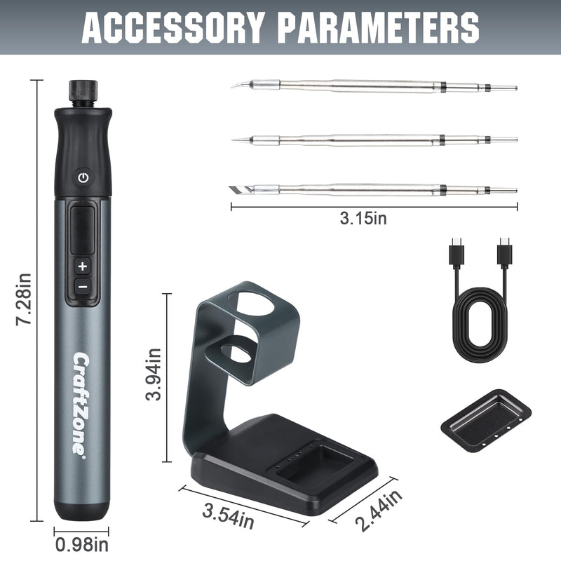 Cordless Soldering Iron Kit, Cordless Soldering Iron with Auto Sleep, 7s Fast Heating, USB-C Rechargeable Soldering Pen, 392°F-842°F Adjustable Temperature, 3 Precision Tips, 3000mAh Battery 001