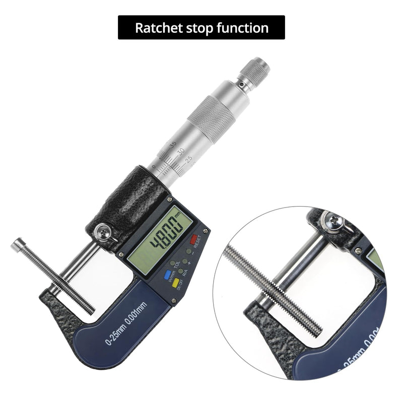 QWORK Digital Outside Micrometer with Carbide Tip, 0-1 Inch / 0-25 mm Measuring Range, High Accuracy ±0.002 mm, LCD Display