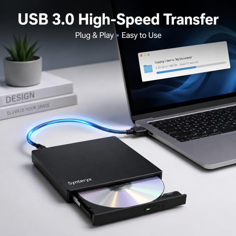 External CD DVD Drive, USB-A & USB-C CD Burner for Laptop, PC & Mac | Portable DVD Burner & CD Reader Writer, Play & Burn 2-in-1 External Disc Drive Compatible with Windows, macOS & Linux 2-in-1-Matte Black