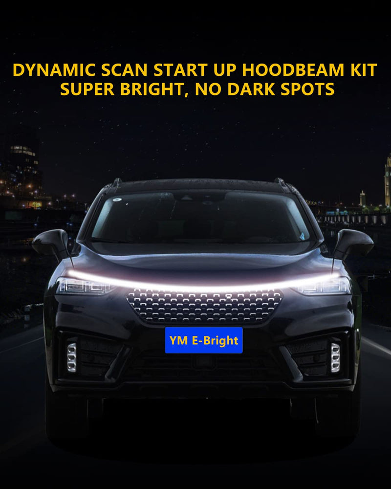 YM E-Bright Led Hood Light Strip Exterior Car Led Strip Light Waterproof Flexible DRL Dynamic Scan Start Up Hoodbeam Kit Daytime Running Lights for Car,Truck,SUV,12V 59inch,White,1 Set Dynamic White 59 inches