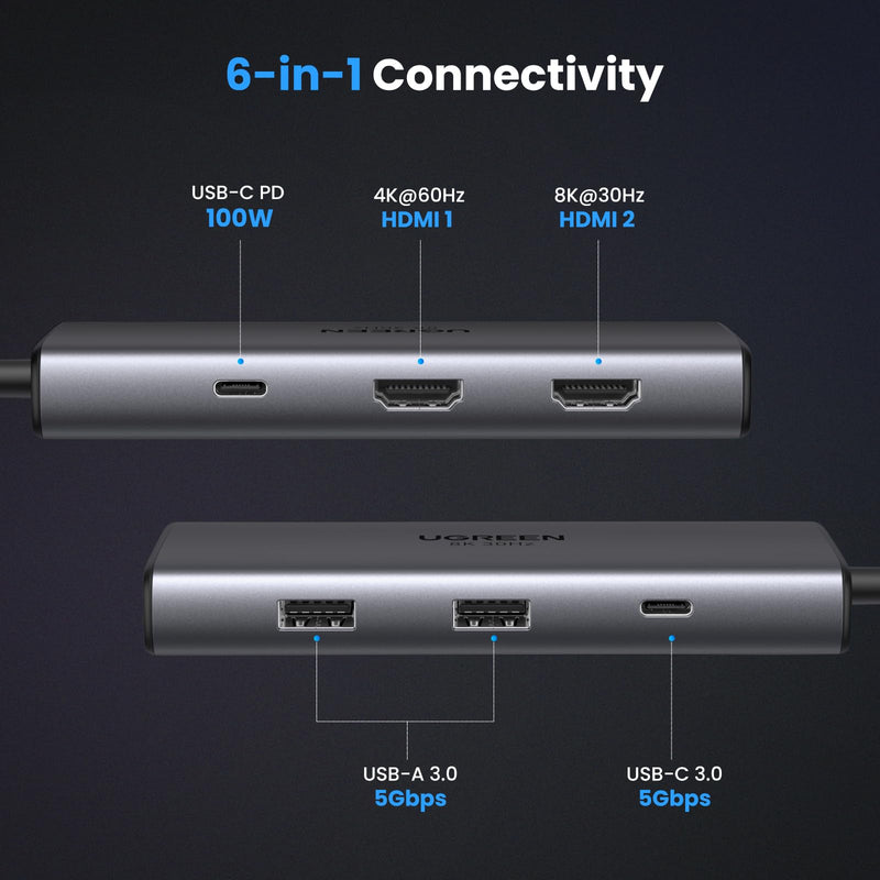 UGREEN USB C Docking Station Dual Monitor 4K@60Hz, 6-in-1 Dock with 2xHDMI | Single 8K@30Hz, 100W PD, 2x5Gbps USB-A & 1xUSB-C Data Ports, USB-C Revodok 206 Dock for Thinkpad, HP, Dell Laptops and More