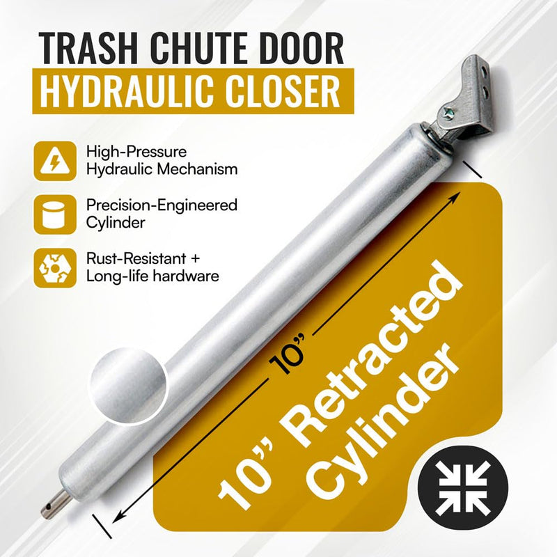 Trash Chute Door Hydraulic Closer. 10 Inch Retracted Piston Pump for Bottom & Side Hinged Laundry and Garbage Doors.