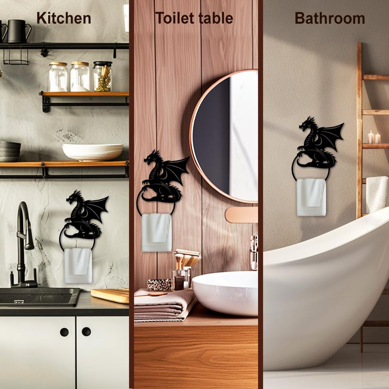 MAYJOYDIY Dragon Pattern Towel Ring Metal Hand Towel Holder Flying Dragon Side Towel Ring Wall Mounted Animal Hand Towel Holder Metal Round Towel Rack for Bathroom Home Hanging Accessories