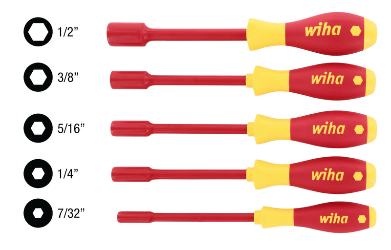Wiha 32292 Insulated Nut Driver Set, Inch, 1000 Volt, 5 Piece Insulated Nut Driver SAE Set, 5 Piece