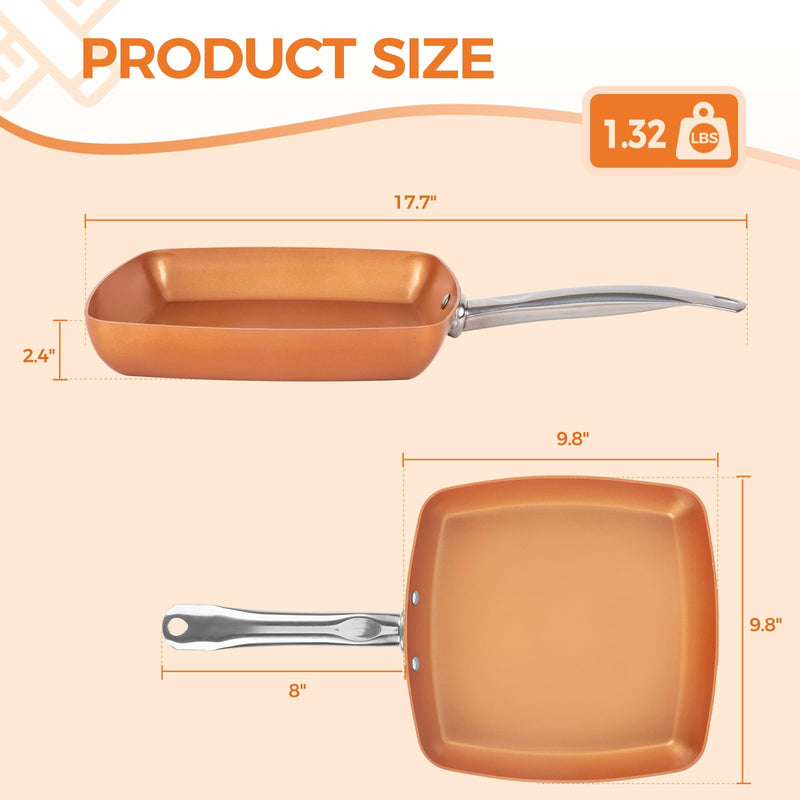 Toutrop Non-Stick Copper Square Frying Pan, 9.5" Chef Skillet with Ceramic Coating, Oven Dishwasher Safe, PFOA-Free, Home Use for All Stoves 9.5 Inch