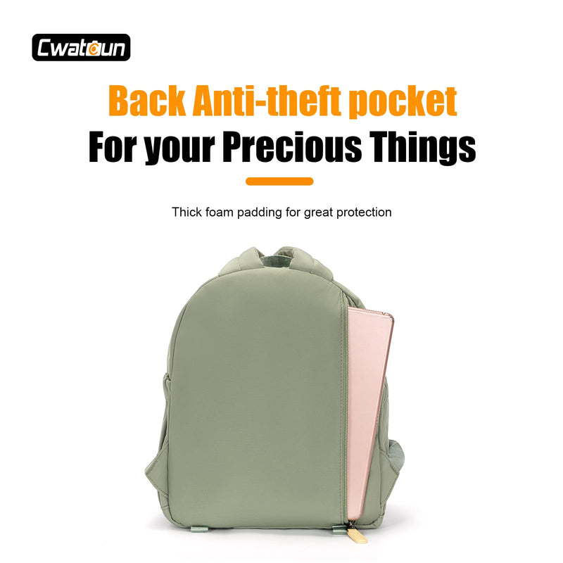 Cwatcun Camera Backpack for Women, Compact DSLR Bag with Tripod Strap | Fits 1body+1lens+10.9"iPad. Removable dividers, 18mm padding,tripod strap, anti-theft pocket, lightweight 0.96kg. Green 1.0 Small