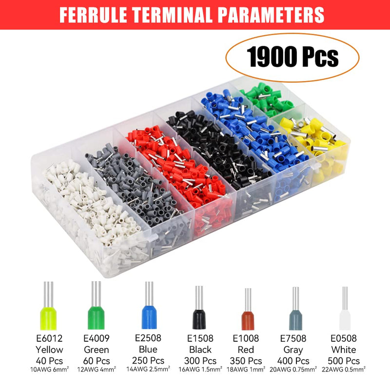 HKS Ferrule Crimping Tool Kit - Hexagonal Ferrule Crimper Plier (AWG 23-7) with Wire Stripper & 1900pcs Wire End-Sleeves Terminals Kit Crimper 10-6+1900PCS+Stripper