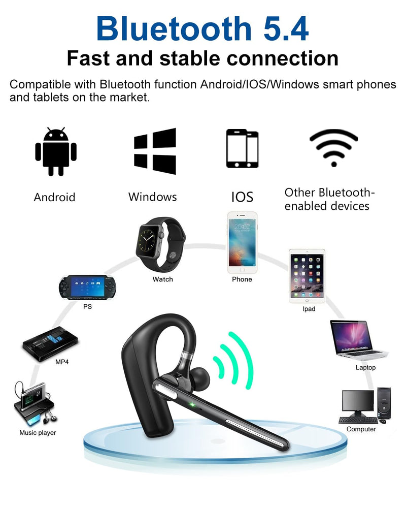 Kendir Bluetooth Headset V5.4, Wireless Bluetooth Earpiece with CVC8.0 Dual Mic Noise Cancelling 110 Hours Talktime for Cell Phone/iPhone and Android Headphones for Trucker/Driver/Business