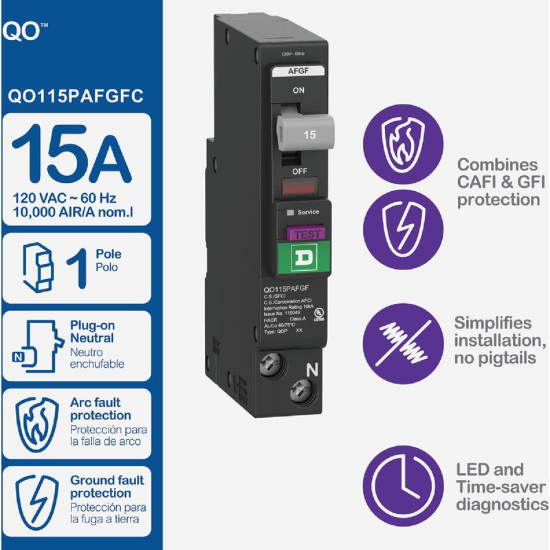 Square D QO 15 amps Arc Fault/Ground Fault Single Pole Circuit Breaker