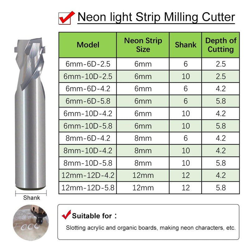1Pcs CNC Router Bits Engraving Cutter 6mm/8mm Neon Light Strip Slotting Bits Tungsten Carbide Steel End Mill Neon LED Lights Slotting Milling Cutter for Polystyrene Acrylic (6-10D-4.2) 6-10D-4.2