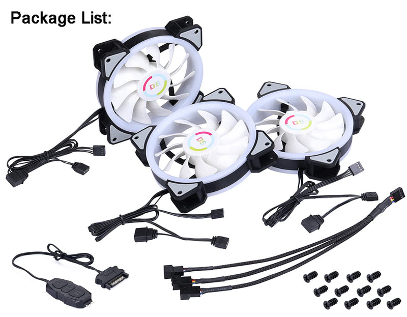 DS 120MM PWM Fans, 3Pack LED RGB Case Fans for PC Cases, CPU Coolers, Water Cooling Radiators System (Compatible with ASUS Aura Sync or MSI Mystic Control, B Series)
