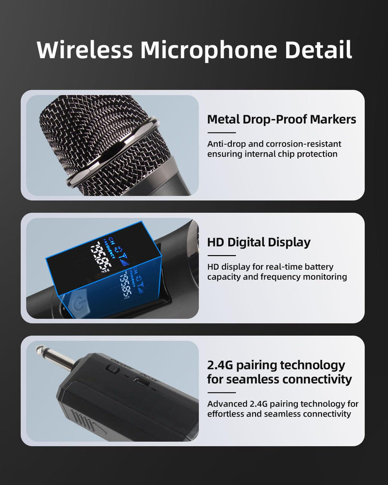 Wireless Microphone Set for Singing, Speech & Events, 2.4GHz Dual Cordless Mics with Rechargeable Receiver, 200ft Range, Metal Mic 2-Pack for Karaoke, Party, PA Systems（Black） Black