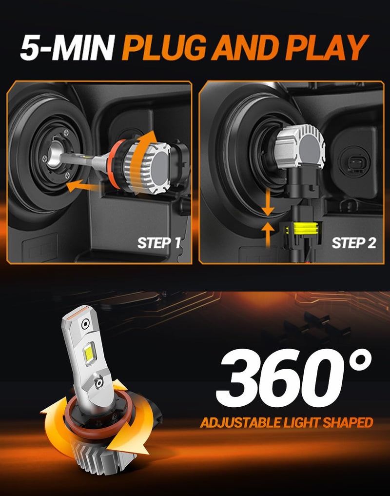 SEALIGHT H11 LED Fog Light Bulbs, 44000LM H8 H16 H11 LED Bulbs 6500K Cool White, 360° Adjustable Ring, Non-Polarity, IP68 Waterproof, Pack of 2 XF3 H11