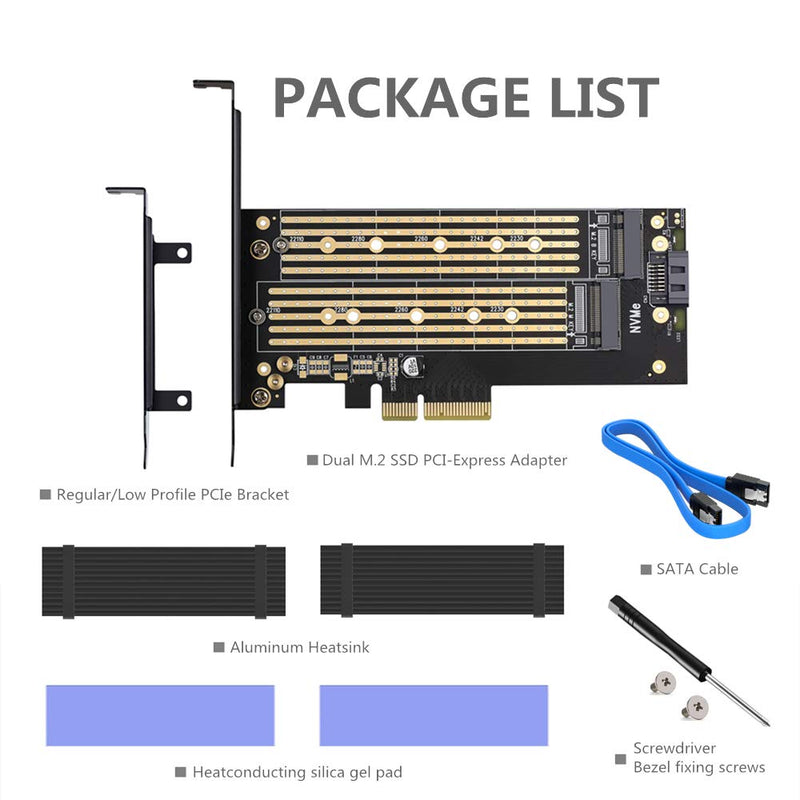 Dual M.2 PCIE Adapter for SATA or PCIE NVMe SSD with advanced heat sink solution,M.2 SSD NVME (m key) and SATA (b key) 22110 2280 2260 2242 2230 to PCI-e x 4 Host Controller Expansion Card