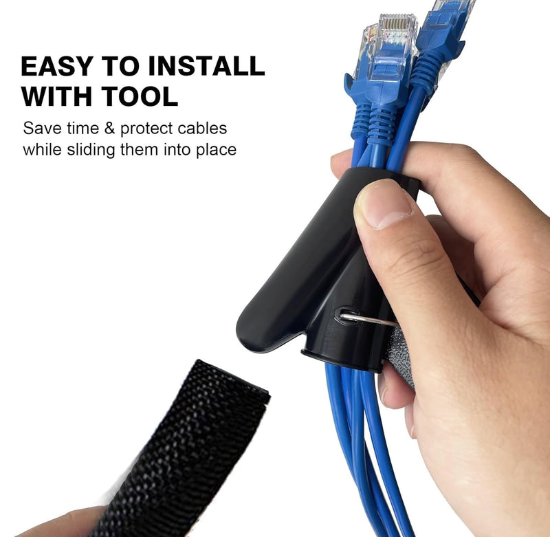 Automotive Wire Loom Temperature Braided Cable Sleeve, Split Sleeve Self-Wrapping Wire Harness Protector Car Cable Management Lot, 300°F Heat Resistant & Flame Retardant Black 1/4"-20Feet