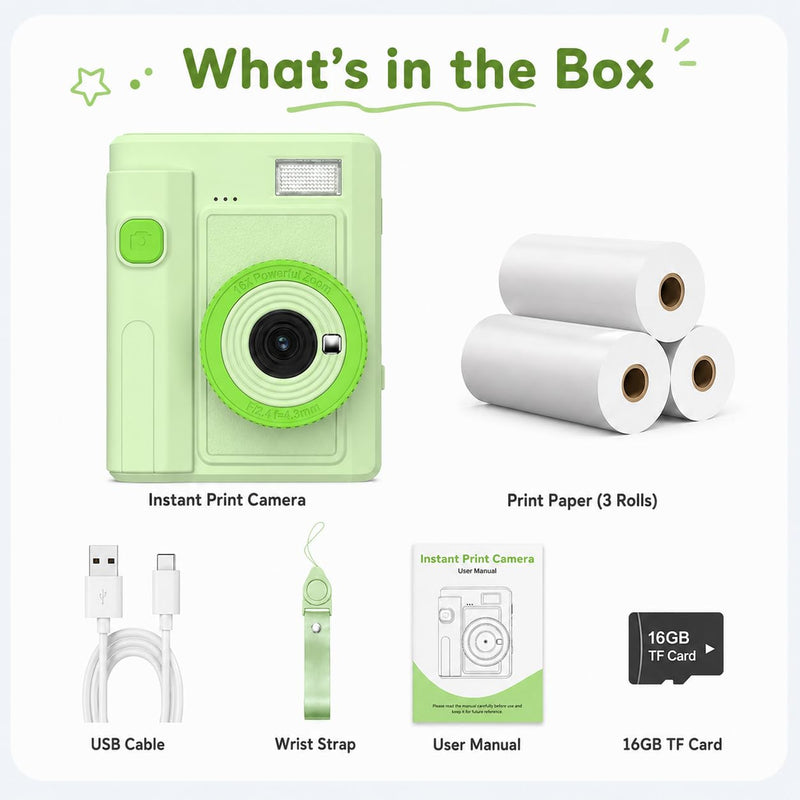 Mason & Friends Kids Print Camera Gift Set, 1080P Video, 16X Digital Zoom, Easy-to-Use Design for Boys and Girls Ages 3-12 Green