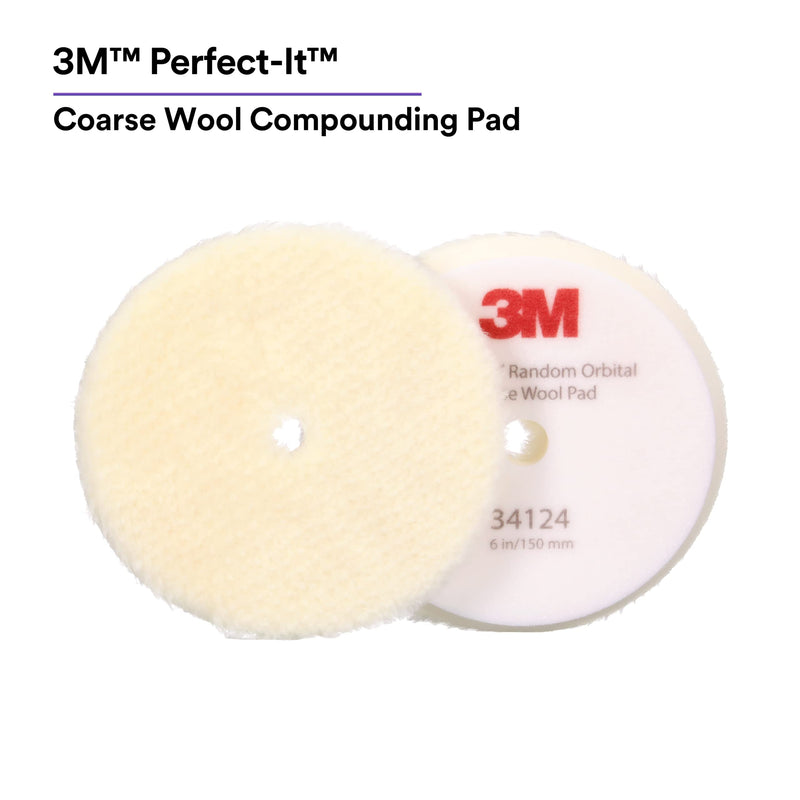 3M Perfect-It Random Orbital Coarse Wool Compounding Pad, 6"/150 mm, White, 34124, Orbital Pads for Automotive Compounding and Polishing 6" 150mm