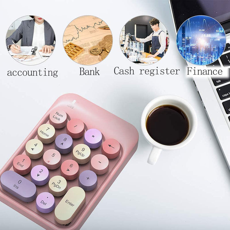 FELICON Wireless Numeric Keypad 18 Keys with 2.4G Mini Portable Silent Number Pad USB Receiver Financial Accounting Keyboard Extensions for Laptop Desktop PC Pro（Pink Mix） Pink Mix