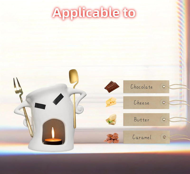 Chocolate Fondue Mug with Attitude - Ceramic Melting Cup for Chocolate Fondue Set, Mini Dessert Party with Fork & Shovel (Gold) Gold