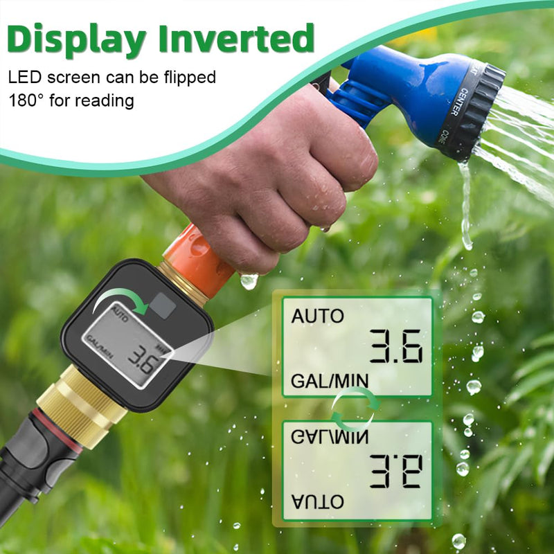 Water Flow Meter with Brass Metal Thread, Measures Gallons/Liters & Flow Rate – Ideal for RV Water Tank Filling, Garden Hose Watering, Lawn Sprinklers & Nozzle Sprayers
