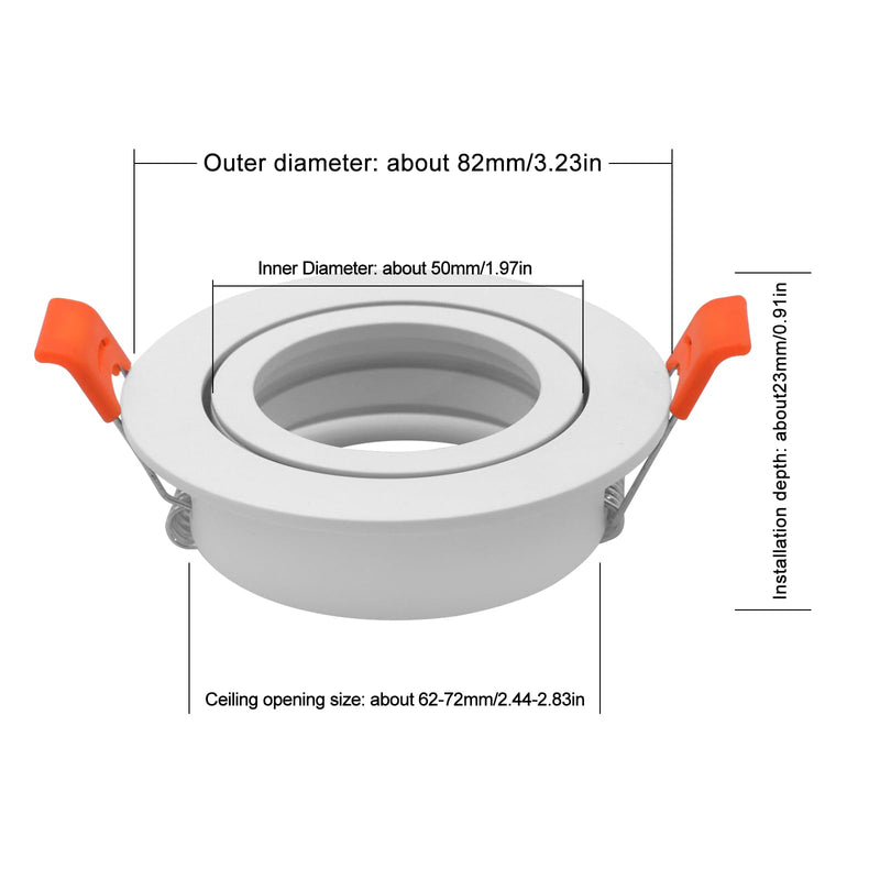 Pack of 10 LED Ceiling Light Frame Round Fixture Holders Adjustable Cutout 65mm with MR16 sockets for 1.97in/50mm GU5.3/MR16/GU10 Bulbs (White) white-10pack