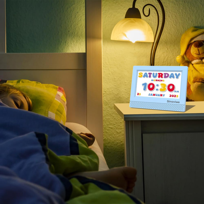 Digital Alarm Clock with 7'' HD Screen, Calendar Function,It is Perfect for Kids Aged 3-18 Years Old with Remote Control and Custom Reminder Function for Birthdays Blue