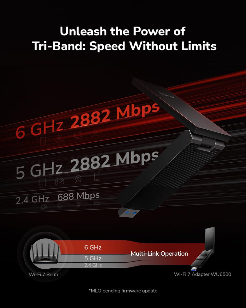 Cudy BE6500 Tri-Band Wi-Fi 7 Wireless USB 3.0 Adapter WU6500 WiFi Adapter for Desktop PC, Supports Windows 11/10, High Gain Antennas, 6GHz, 4K-QAM, 160MHz, WPA3