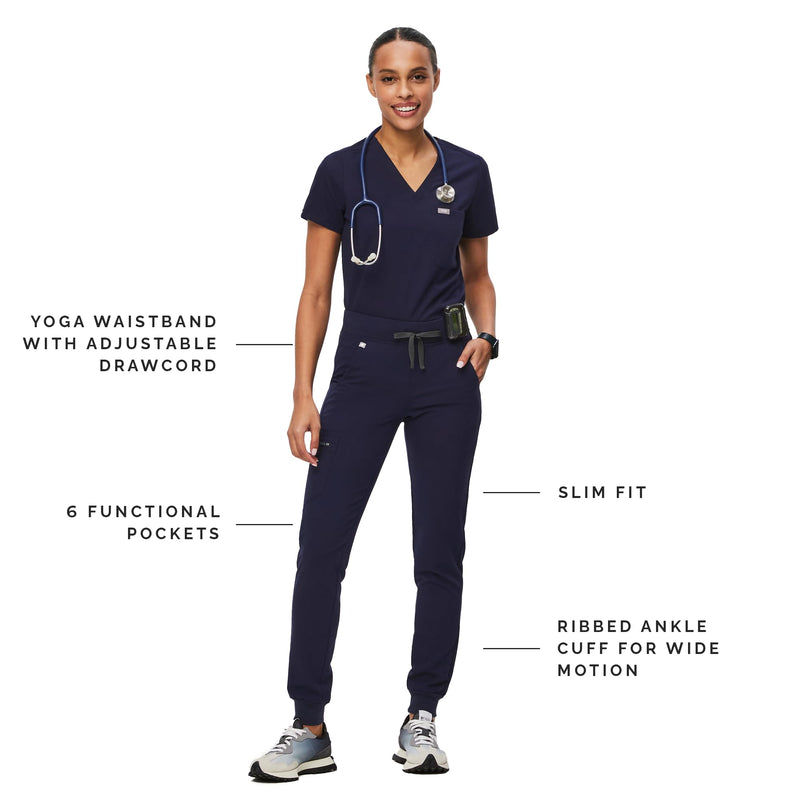FIGS Zamora Jogger Scrub Pants for Women — Slim Fit, 6 Pockets, Yoga Waistband, Ribbed Ankle Cuffs, Anti-Wrinkle Regular Medium Navy